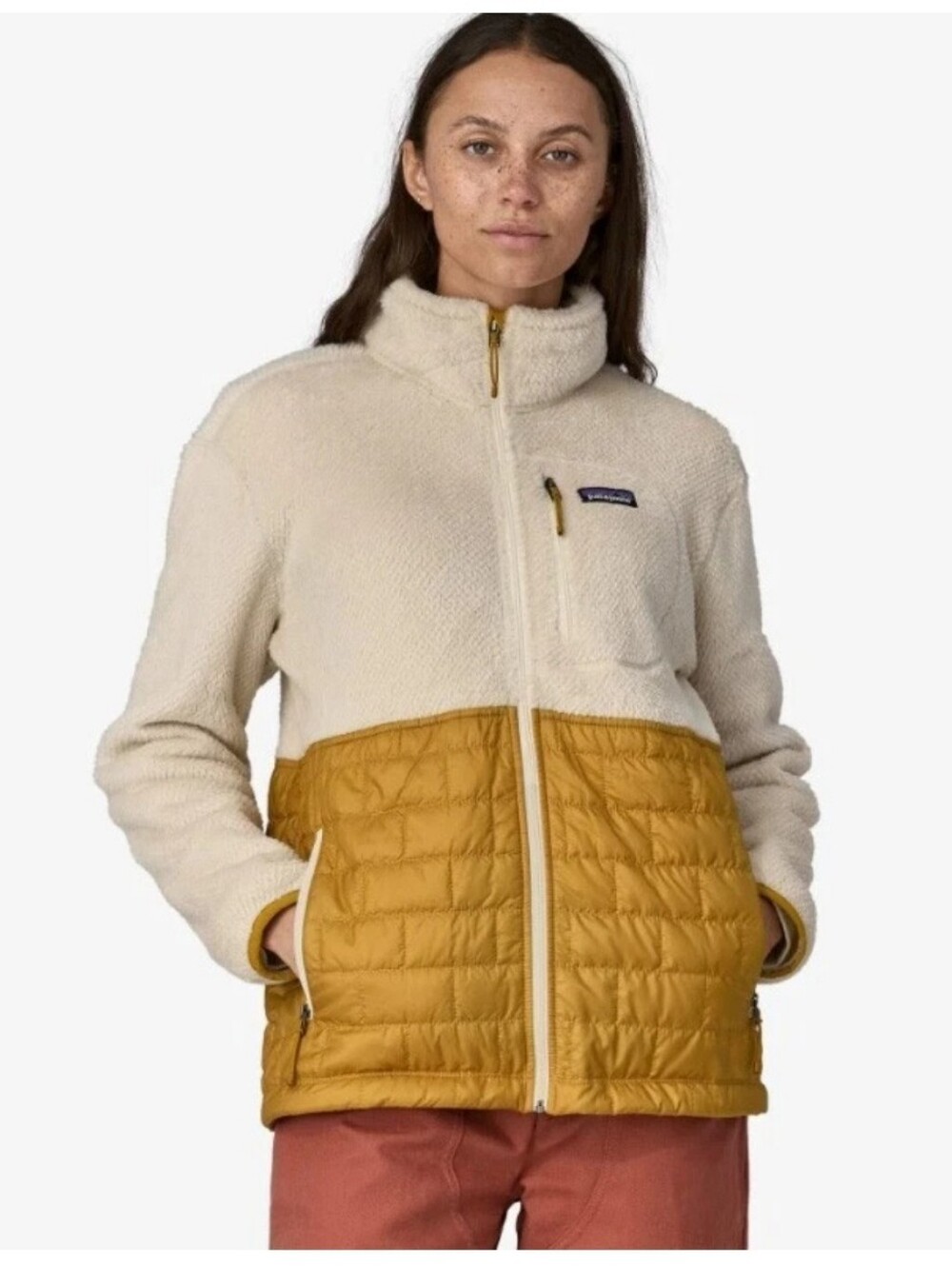 Patagonia Retool Hybrid Fleece Quilted Pullover Jacket Cream Size Medium